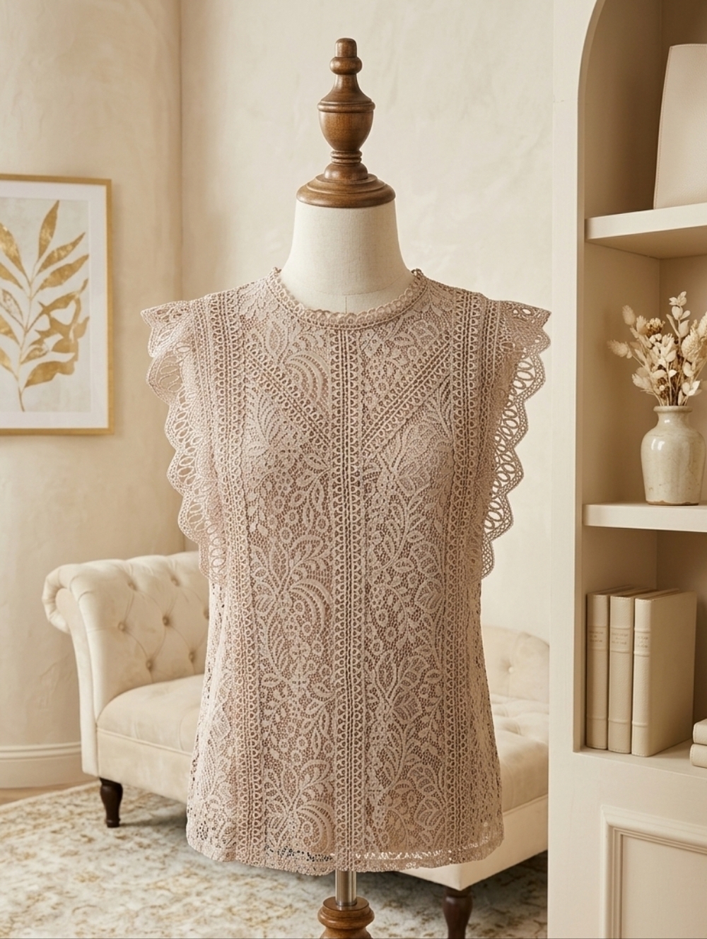 Caramel Lace Overlay Sleeveless Blouse Cable & Gauge Med Feminine Chic Top